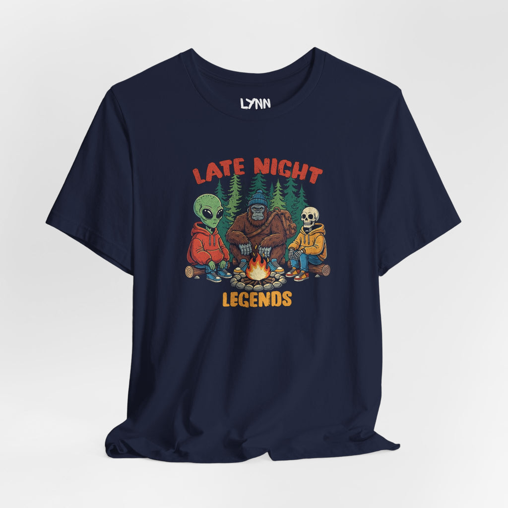 Navy blue t-shirt with 'Late Night Legends' graphic design featuring an alien, bear, and skeleton around a campfire.