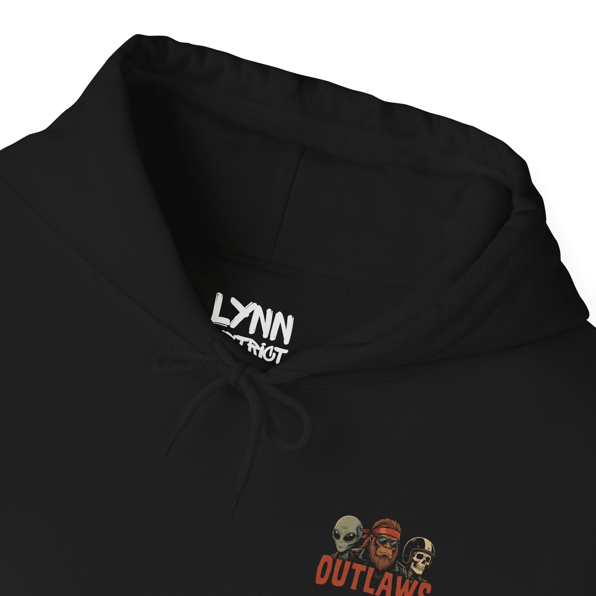 Black hoodie with 'LYNN' and 'OUTLAWS' text on a white background