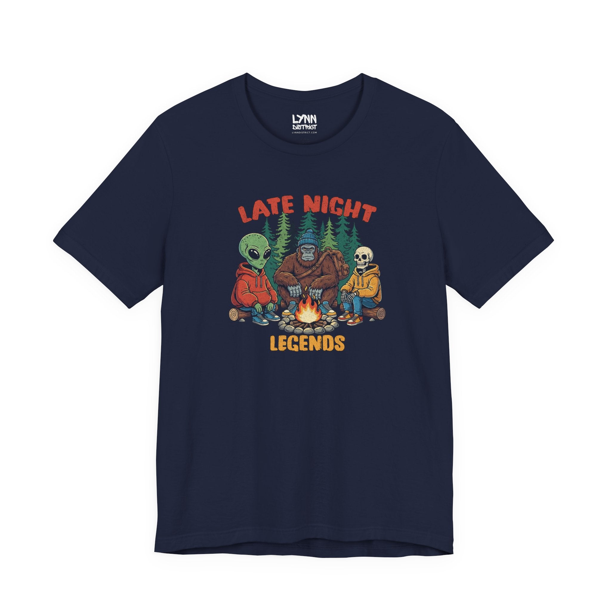 Black t-shirt with 'Late Night Legends' graphic design featuring an alien, bear, and skeleton around a campfire.