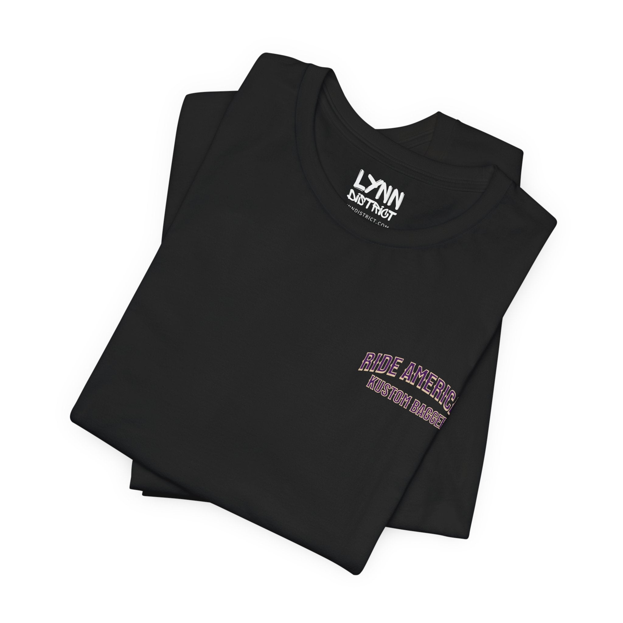 Black t-shirt with embroidered text on a white background