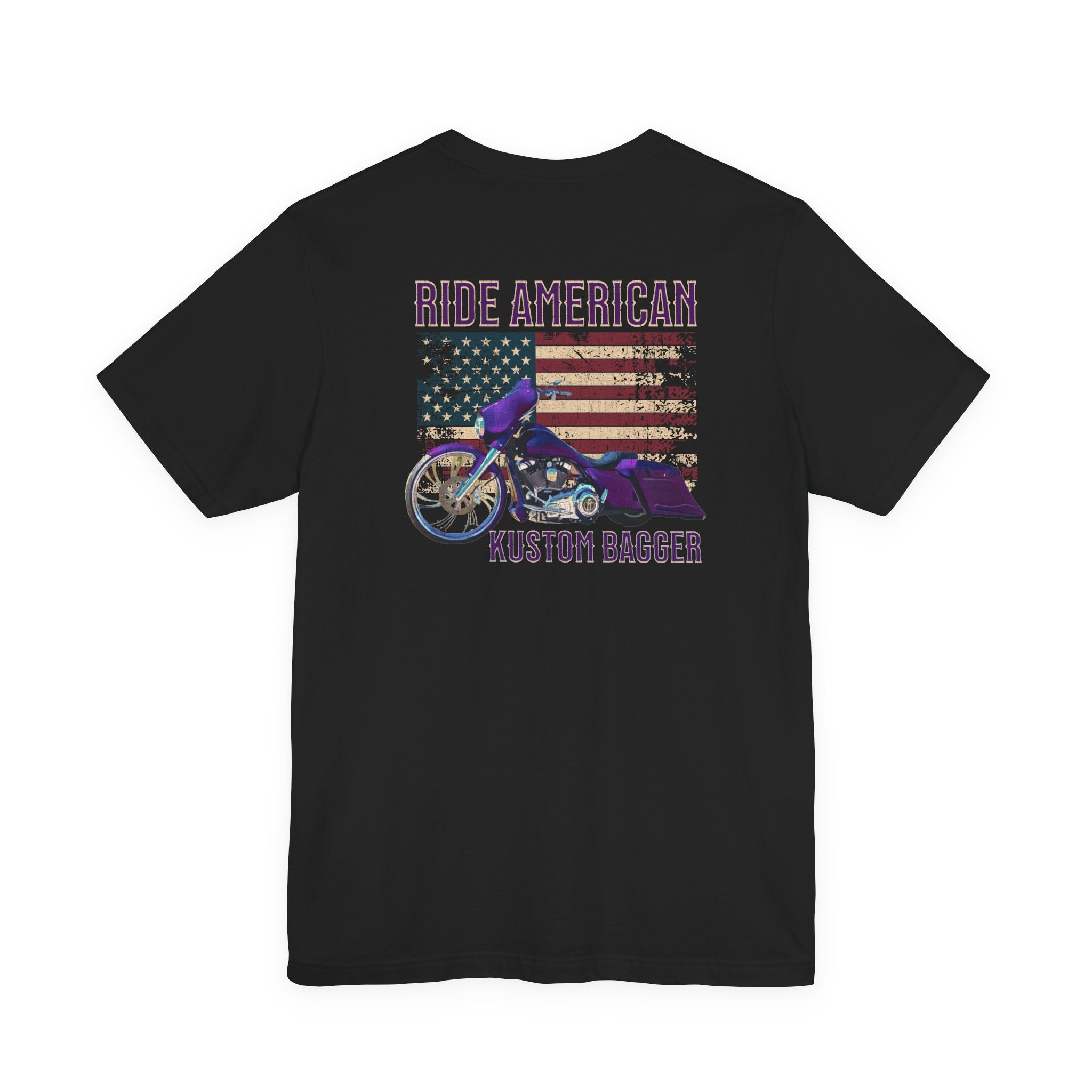 Black t-shirt with a graphic of an American flag and motorcycle on the back, on a white background.