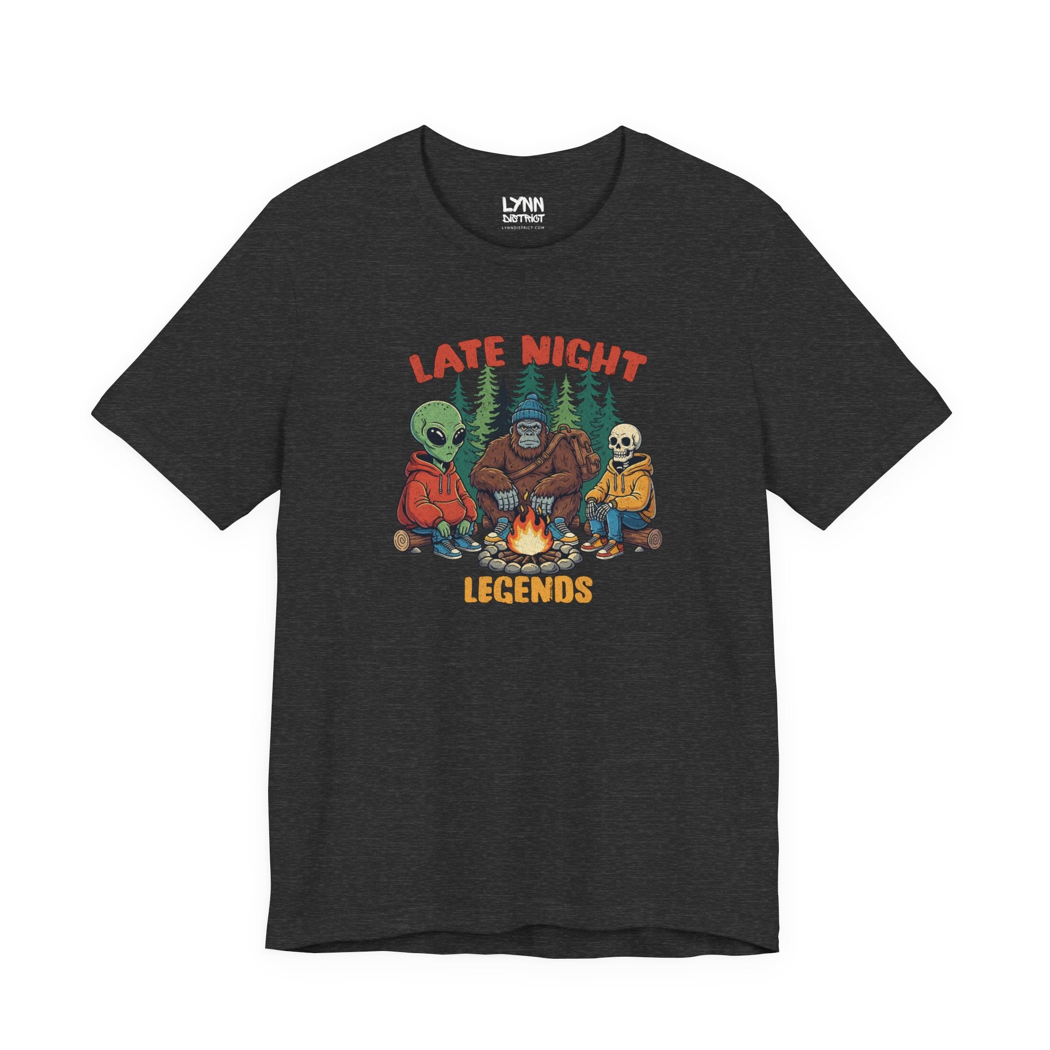Black t-shirt with 'Late Night Legends' graphic design featuring an alien, bear, and skeleton around a campfire.