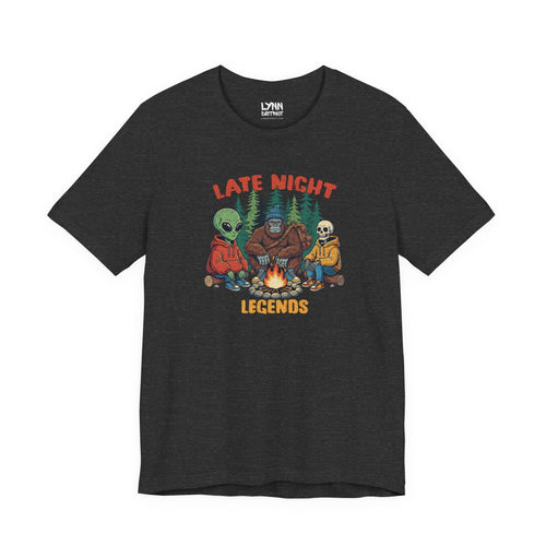Black t-shirt with 'Late Night Legends' graphic design featuring an alien, bear, and skeleton around a campfire.