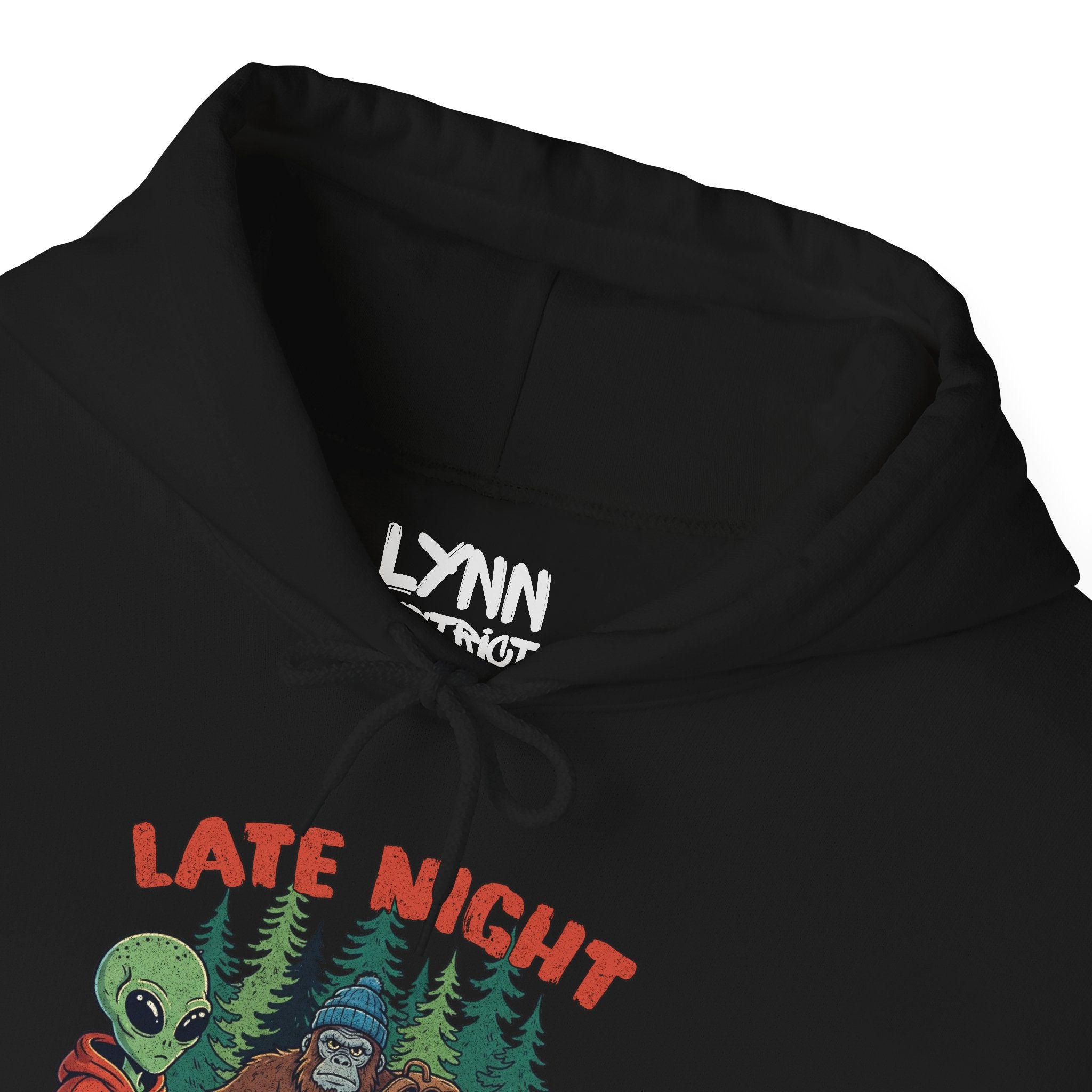 Black hoodie with 'Lynn District' branding and 'Late Night' graphic design.