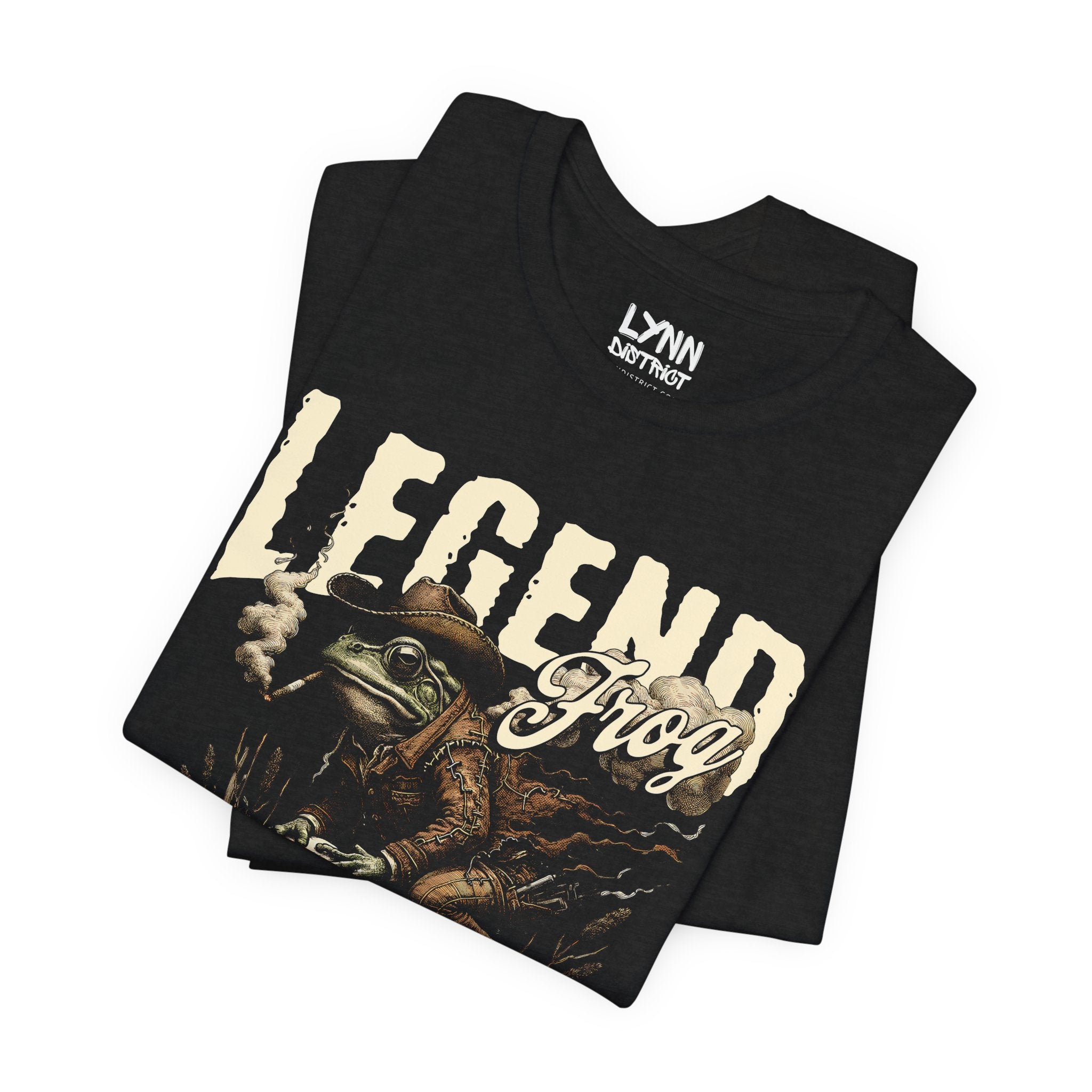 Black t-shirt with 'Legend Frog' design and Lynn Design logo on a white background