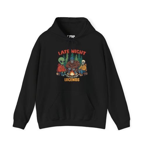 Black hoodie with graphic design of an alien, bear, and skeleton around a campfire with 'Late Night Legends' text.
