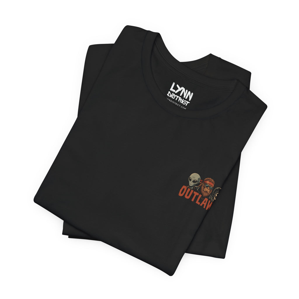 Black t-shirt with 'Outlaw' design and 'LYNN' branding on a white background